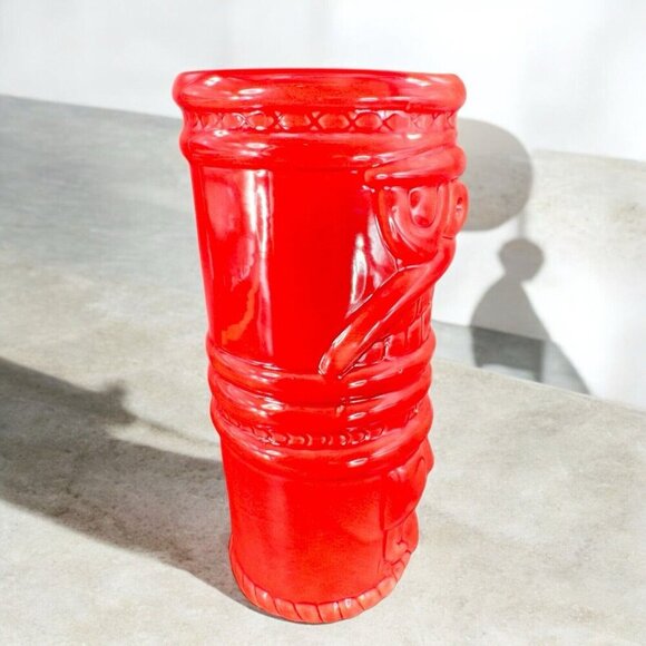 Large Ceramic Tiki God Vase Vessel Drinking Cup Red Glazed Porcelain Decor Vtg - Picture 4 of 15